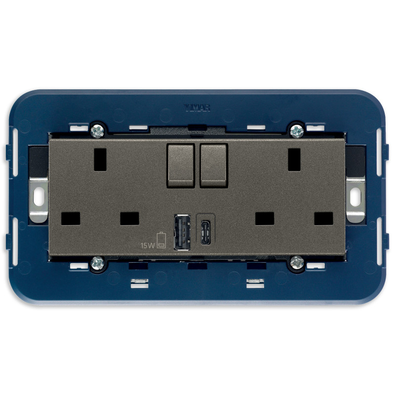 2prese 2P+T13ABS+int.rosso+USB A+C Metal - Vimar 19224.AC.M