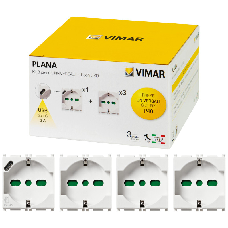 Kit 3 prese P40 + 1 P40 con USB C Plana - Vimar 0K14210